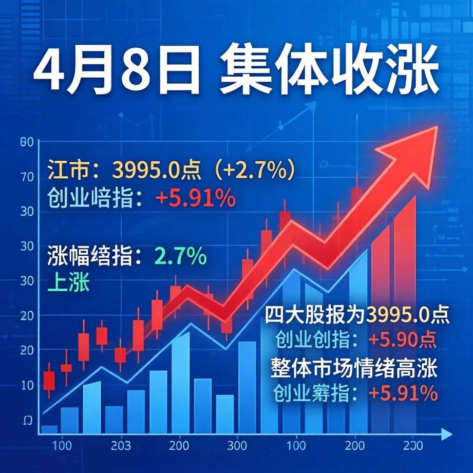 A股收盘 / 创业板指涨5.91% / 4月8日 / 四大股指集体收涨 / 沪指报收3995.0点 / 涨2.7%